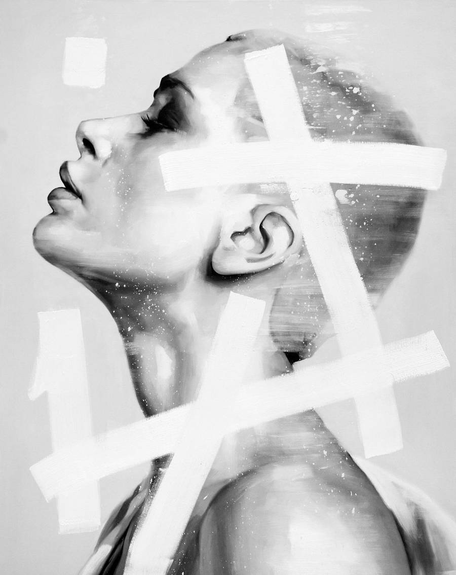 Poetic Act 01 by Silvio Porzionato, a black and white oil portrait of a woman in profile crossed by white bands