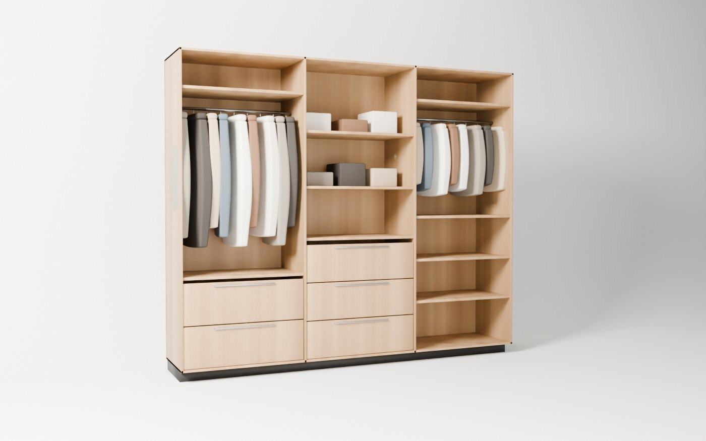 The Halden cabinet wall with its doors open, in natural oak