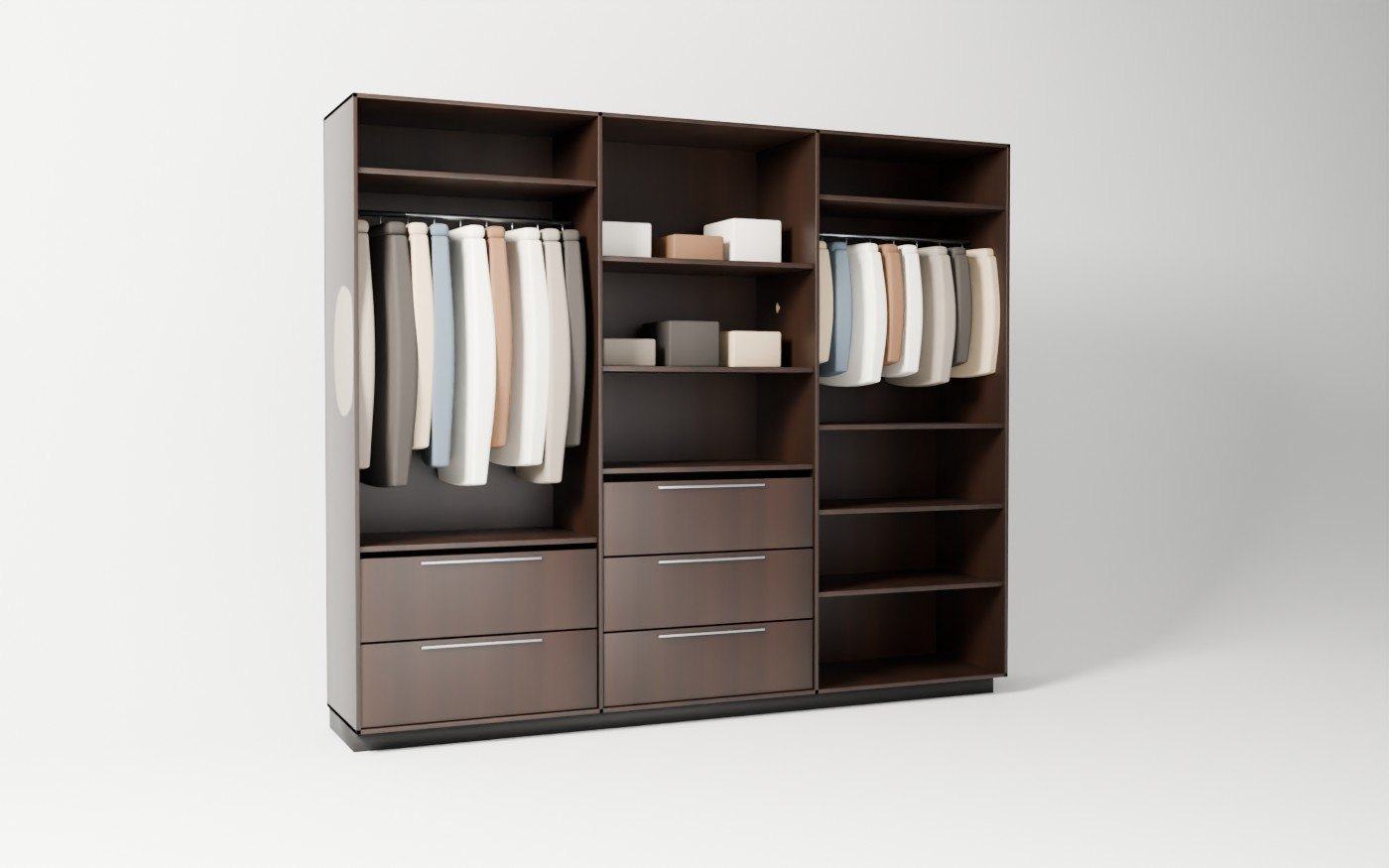 The Halden cabinet wall open, in dark walnut, lit from inside