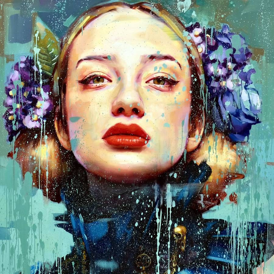 La consapevole fierezza by Silvio Porzionato, an oil portrait of a woman with violets in her hair on a turquoise ground